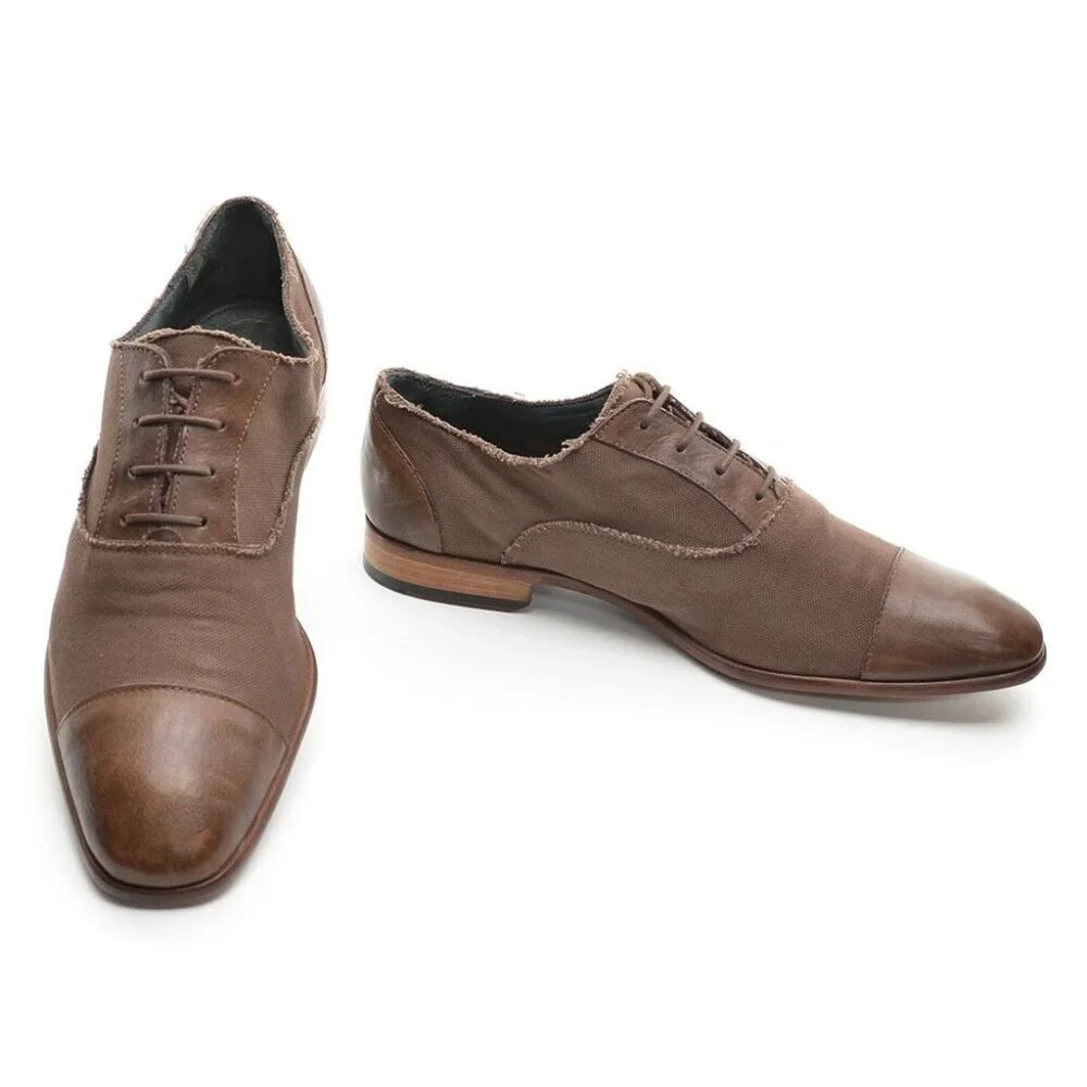 Men Lanvin Brown Leather Canvas Cap Toe Oxfords UK 9.5